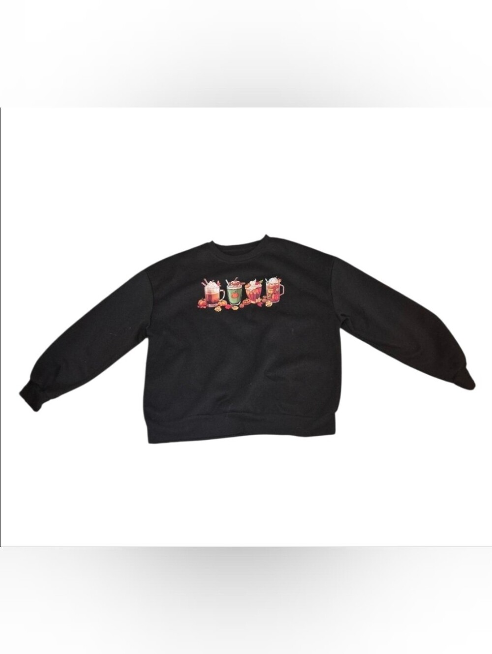 SHEIN Black Crewneck Sweatshirt with Festive Beverage Graphic